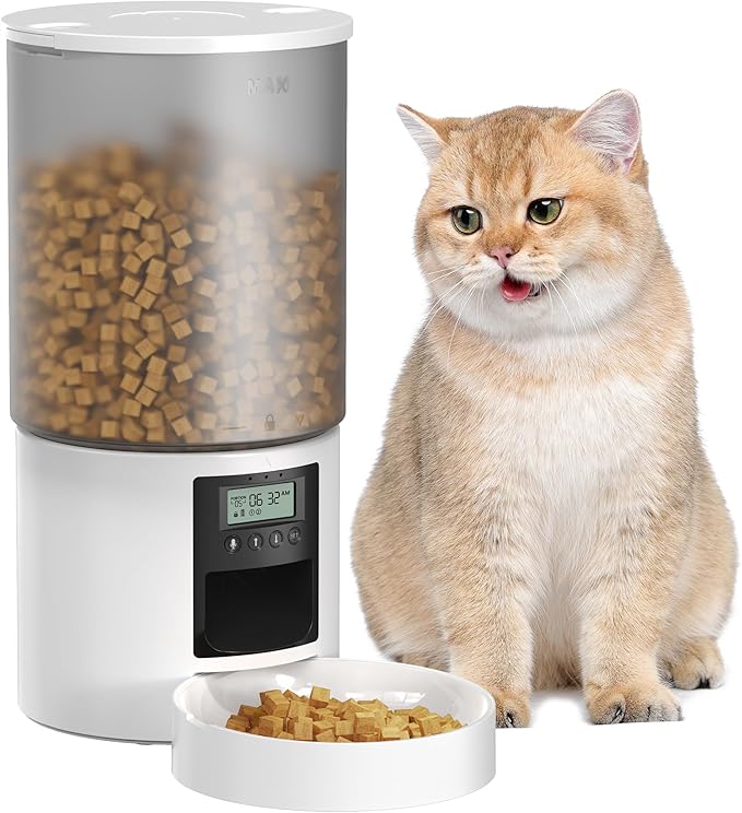 Automatic Cat Feeder Food Dispenser: 6L Timed Small Dog Dry Food Dispenser with 10s Voice - Distributeur Nourriture Chat Hund Programmable - Auto Pet Feeder with 1-6 Meals White