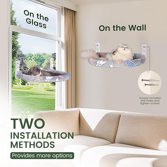 2 Pack Cat Window Perch, Glow in The Dark Foldable Cat Hammock with Cozy Pad Bed, Breathable Cordless Window Seat with Stud Metal Frame for Large Cats and Kitten (Cushion Bed, 2 Pack - L)