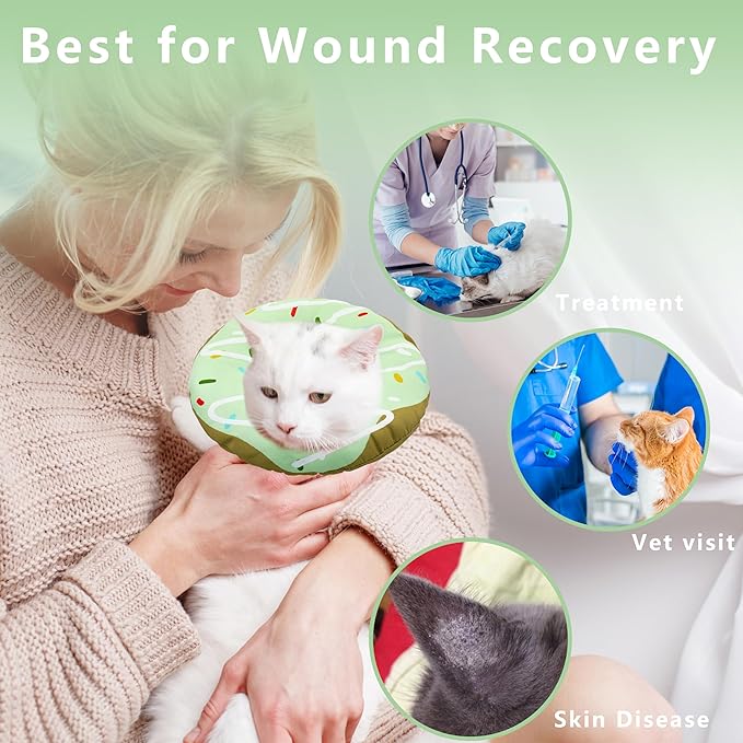 Cat Cone Collar Soft, Adjustable Cat Recovery Collar Kitten Cones to Stop Licking, Cute Donut E Collar After Surgery, Cats Neck Pillow Cone Elizabethan Cones of Shame (Waterproof Green, Large)