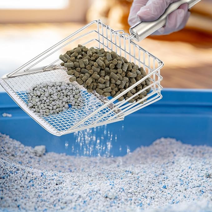 Cat Litter Scoop, Metal Scooper, Deep Shovel, Ergonomic Handle, Kitten Poop Sifting, Durable, Heavy Duty Speed Sifter, for Litter Box （Silvery-Gray）