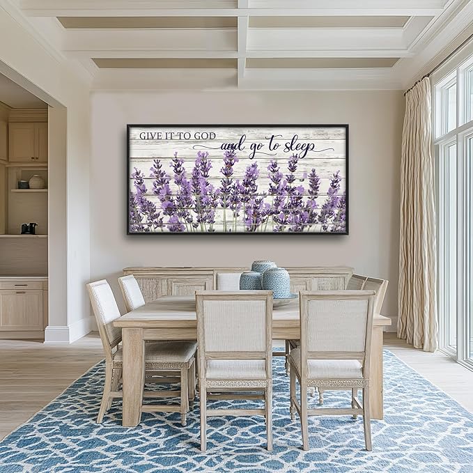 Large Lavender Wall Art for Living Room, Framed Oversized Rustic Floral Wall Decor Christian Give It To God Canvas Painting Modern Artwork for Living Room Bathroom Bedroom Office Dining Room 60"x30"