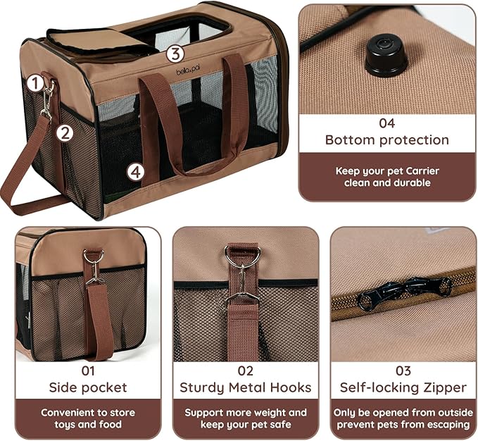 BELLA & PAL Cat Carrier Travel Bag, Airline Approved Lightweight Cat Carrier, Soft Sided Pet Carrier for Puppy Dogs Up to 18lbs, Collapsible Kitten Bag with Removable Waterproof Mat, Ventilated Mesh