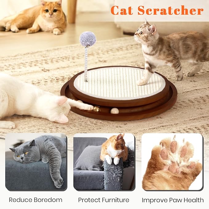 Cat Scratcher, Cat Natural Sisal Scratching Pad, Kitten Interactive Toy with Ball Track Spring Ball for Chasing Hunting Mental Physical Exercise Puzzle