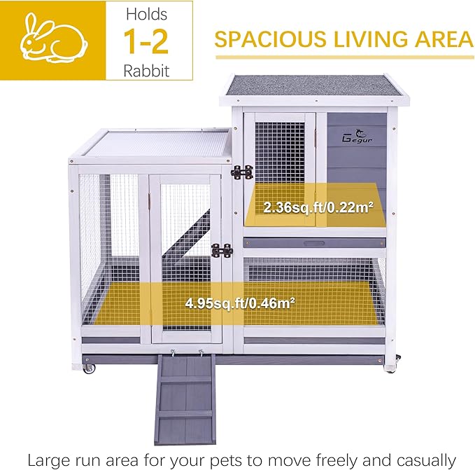 GEGURI Rabbit Hutch, Two-Story Indoor Bunny Cage, Outdoor Guinea Pig Cages for Small Animals with Wheels, Removable Tray