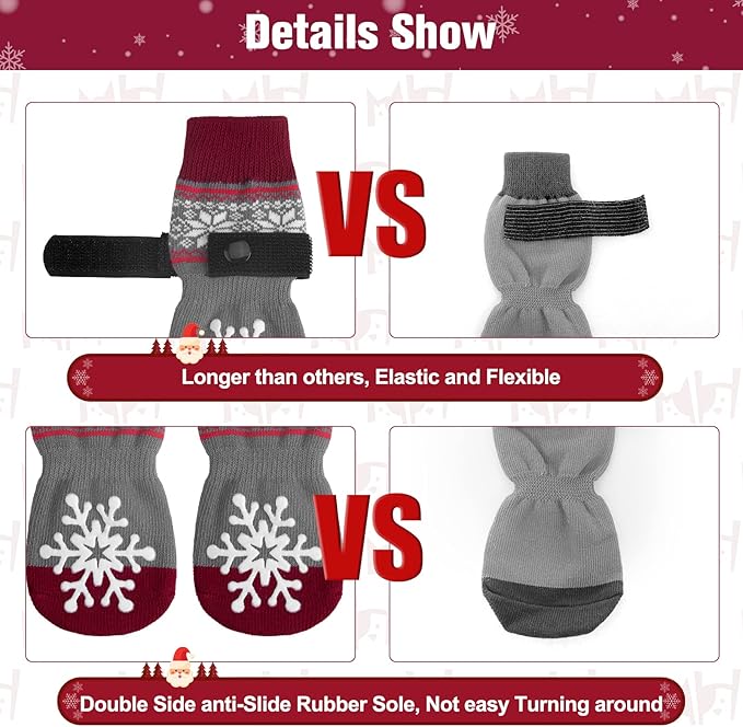 BEAUTYZOO Christmas Winter Anti-Slip Dog Socks with Grips Traction Control for Small Medium Large Dogs, Non Skid Indoor Double Side Pet Paw Protector for Hardwood Floor Wear, Snowflake S