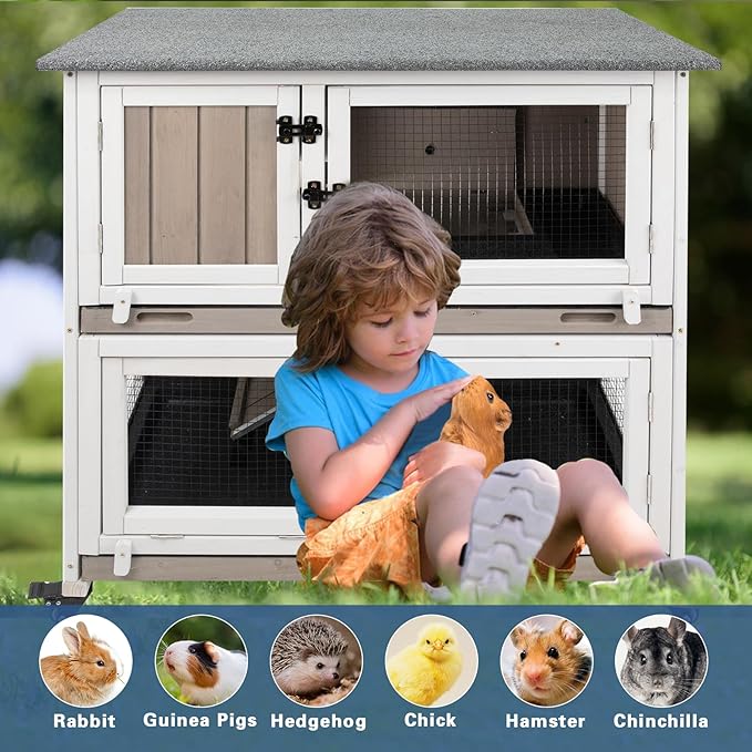 36" L Guinea Pig Cages Wooden, 2 Story Rabbit Cage Indoor Guinea Pig Habitat on 4 Metal Wheels and 2 Deeper Pull-Out Trays, Ramp, Leak Proof Guinea Pig Cages Indoor Small Animal Cage, Grey