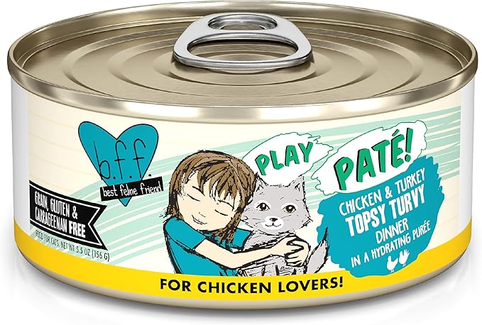 Weruva B.F.F. Play - Best Feline Friend Paté Lovers, Aw Yeah!, Chicken & Turkey Topsy Turvy with Chicken & Turkey, 5.5oz Can (Pack of 8)