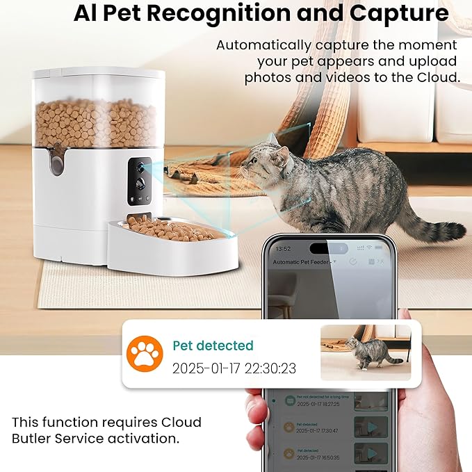 Automatic Cat Feeder with Dual Camera, 5G WiFi Pet Food Dispenser with 2-Way Audio, 2K HD Video with Night Vision, Easy APP Operation, AI Pet Motion Capturing, for Cat Dog Small Pet
