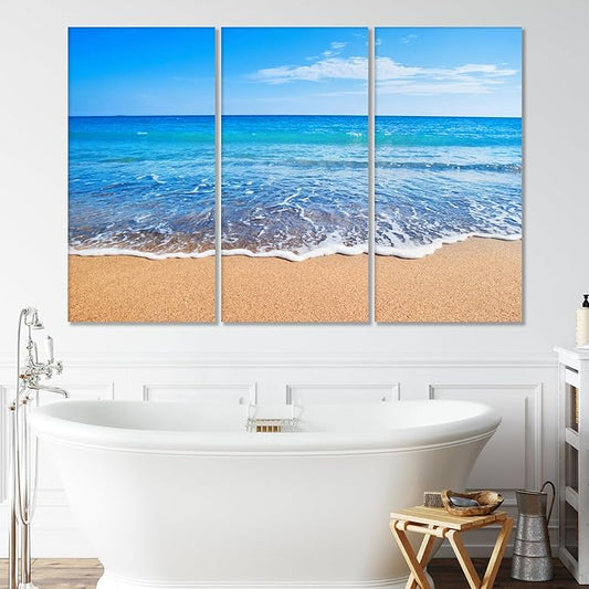 Nature Wall Art Prints - Ocean Forest Mountain Lake Canvas Landscapes - Small to Extra Large Living Room Bedroom Kitchen Bathroom Décor (Sandy Ocean Beach, 35L" x 53W" - 3 Panels)