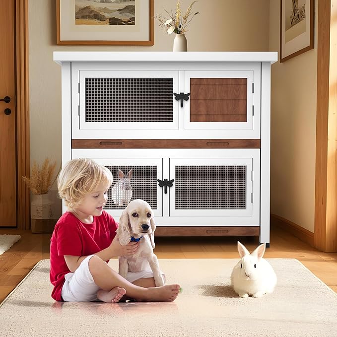 2 Story Rabbit Hutch, Indoor Outdoor Bunny Hutch Solid Wood Rabbit Cage with Removable Trays, Waterproof Asphalt Roofs and Ventilation Door, Small Animal House for Rabbit Guinea Pig Ferret, Walnut