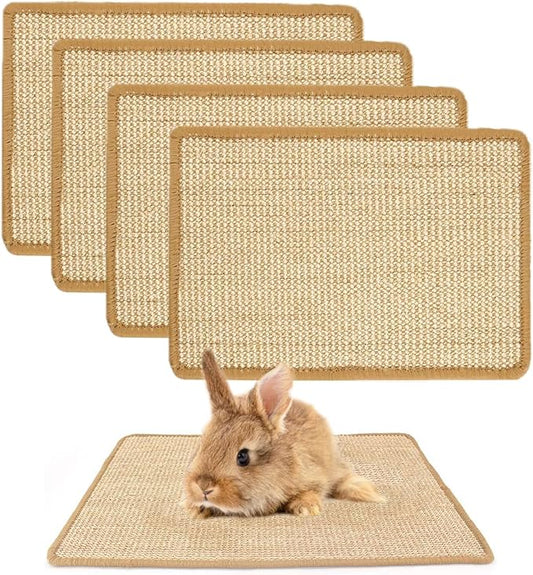 PODOO Bunny Scratch Pads, Sisal Rabbit Scratching Pad, Natural Rabbit Resting Mats for Cages, Forage Grass Mat Indoor Essentials Accessories for Guinea Pig Cat (4Pcs, 15.7x11.8 inches)
