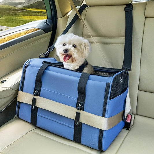PETSFIT Soft-Sided Cat Carriers & Car Seats with Patent Safe Buckles, Clip-On Harness, 19"x12"x12" Pet Travel Carrier - 20 lbs Capacity (Blue)