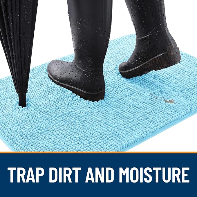 OLANLY Dog Door Mat for Muddy Paws 47x24, Absorbs Moisture and Dirt, Absorbent Non-Slip Washable Doormat, Quick Dry Chenille Mud Mat for Dogs, Entry Indoor Entryway Carpet for Inside Floor, Blue