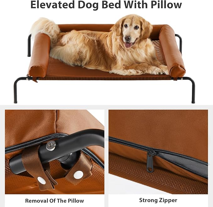 RRPETHOME Large Elevated Cooling Dog Bed, Raised Dog Cot Beds for Large Dogs, Elevated Outdoor Pet Bed, Chew Proof Portable Cooling Pet Cot with Skid-Resistant Feet and Breathable Mesh