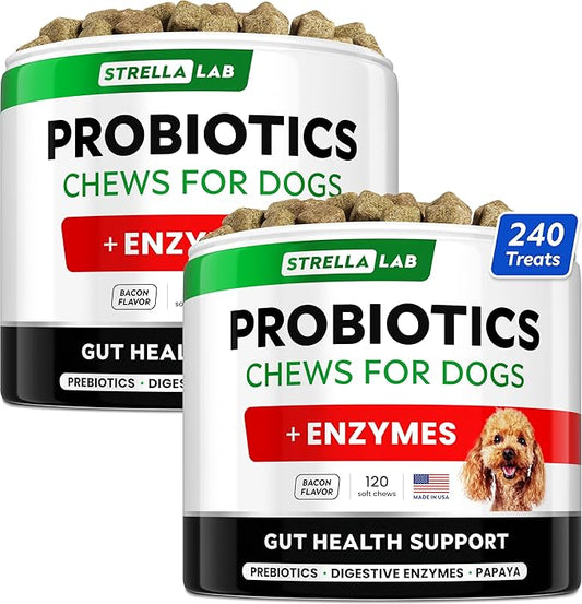 StrellaLab Dog Probiotics Treats for Picky Eaters - Digestive Enzymes + Prebiotics - Chewable Fiber Supplement - Allergy, Diarrhea, Gas, Constipation, Upset Stomach Relief - Improve Digestion&Immunit