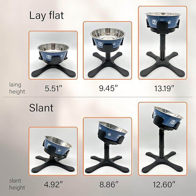Adjustable Elevated Dog Bowl Stand with Non-Slip Base - 3 Height & Tilt Settings, Fits 14-24.5cm Bowls, Raised Stainless Steel Dish for Large Breed, Medium & Small Dogs, Cats