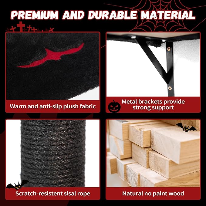 COZIWOW Wall-Mounted Cat Tree | Space-Saving Feline Furniture with Multiple Levels | Durable Scratch Post for Indoor Cats, Black&Red