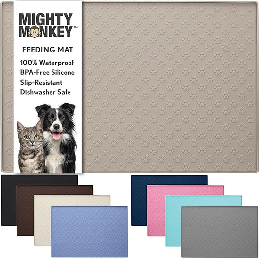 MIGHTY MONKEY 100% Waterproof Dog Food Mat, Raised Edges Silicone Pet Feeding Placemat for Cat, Dogs, Pet Bowls, High Lipped Tray Prevents Water Spills, Food on Floor, Dishwasher Safe, 22x14, Beige