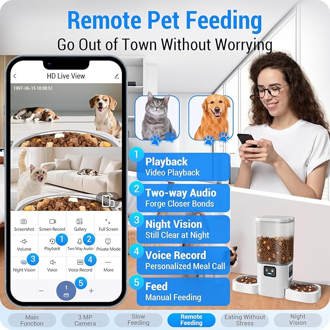 Automatic Cat Feeder with Two HD Camera for 2 Cats: 7L Automatic Dog Feeder with Night Vision & Slow Feed, 5G WiFi Auto Cat Food Dispenser for Multiple Pet, Detachable for Cleaning - 29 Cup
