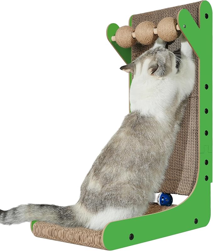Cat Scratcher, 23.6 Inch Cat Scratching Post, L Shaped Vertical cat Scratching Board for Wall and Couch Protection, Cardboard Cat Scratcher with Ball Toy for Indoor Cats