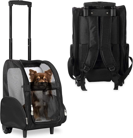 KOPEKS Deluxe Backpack Pet Travel Carrier with Double Wheels for Pets up to 10 Pounds - Black - Approved by Most Airlines