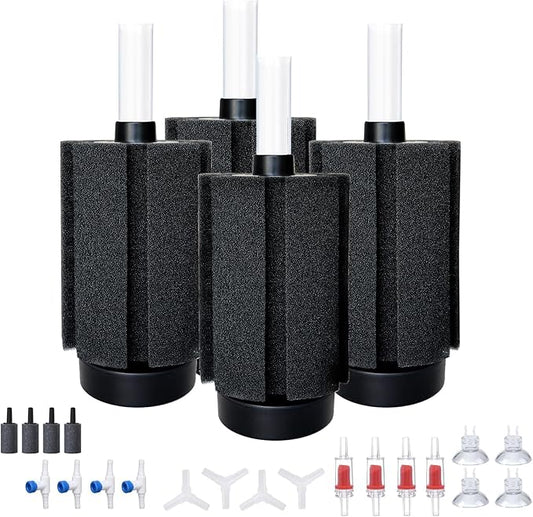 ALEGI 4pcs Large Aquarium Sponge Filter with Suction Cups, Check Valves for Breeding Fry Betta Shrimp Fish Tank ((Upgrade) 20-50 Gal 4 Pcs)