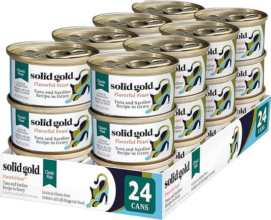 Solid Gold Wet Cat Food Pate - Healthy Canned Cat Food Pate w/Real Tuna & Sardine, Omega Fatty Acids, Vitamins & Minerals - Grain Free & Gluten Free Can Meals for Cats & Kittens - 24ct/3oz Can