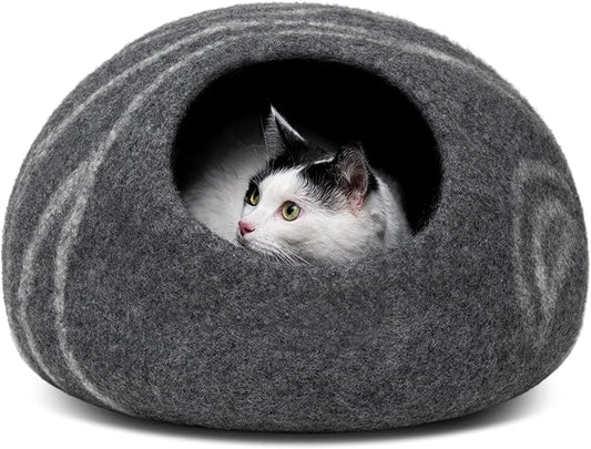 MEOWFIA Cat Cave – Premium Felt Cat Bed for Indoor Cats, Handmade 100% Merino Wool (Large, Dark Grey)