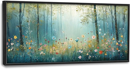 Large Forest Tree Wall Art for Living Room, Framed Oversized Wildflowers Wall Decor, Foggy Landscape Canvas Painting Modern Artwork Home Decoration for Dining Room Bedroom Office 60"x30"