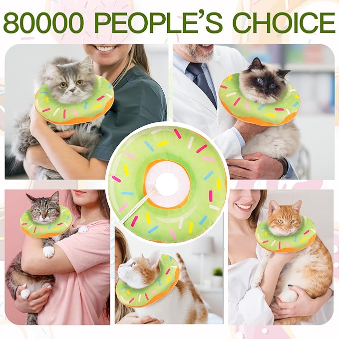 Cat Cone Collar Soft, Cute Cat Donut Collar After Surgery, Adjustable Kitten Recovery Cones to Stop Licking, Lightweight Neck Elizabethan Collars for Cats Kittens (Green, Small)