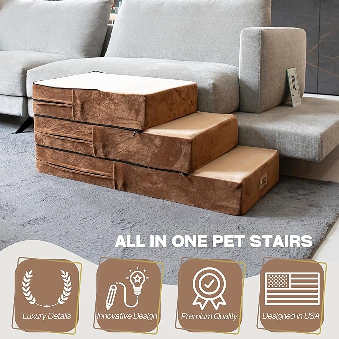 All-in-One Adjustable Dog Stairs – 5-Step Premium Pet Ramp for Small to Large Dogs – Sturdy, Non-Slip & Versatile for Beds, Sofas & More - Soft Cover, Modern Design (Brown)
