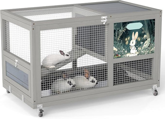 COZIWOW Fashionable Wood 36In Rabbit Hutch Indoor on Wheels Bunny Cage Outdoor Rabbit Cage with Clean Tray, Openable Roof, Anti-Slip Ramp for Small Bunny Rabbit (Grey with Pattern)