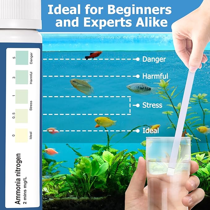 Ammonia Test Strips for Fish Tank: 100 Count Aquarium Ammonia Test Strips for Saltwater & Freshwater Aquariums & Ponds – Ammonia Test Kit with Test Tube Thermometer Stick