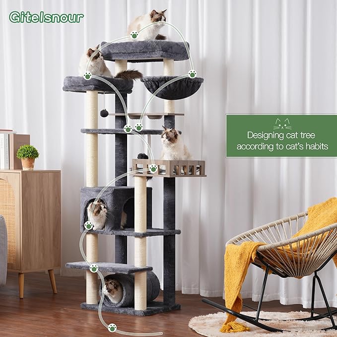 Cat Tree with Tunnel, Cat Tower for Indoor Cats, Tall Cat Tree Tower with Cat Condo, Food Station, Large Platform, Scratching Posts, Hammock, Smoky Gray GCT021G