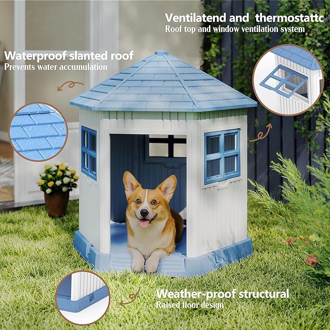 DRATO Dog House Indoor Outdoor Durable Large Dog Shelter with Outside Dog Kennel with Window and Elevated Floor for Small Medium Dogs (Blue, 34.8 * 30.51 * 36.89)