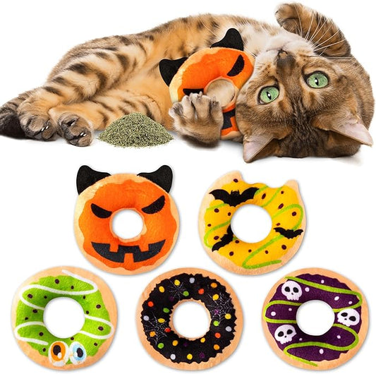 L1rabe Halloween Donut Catnip Stuffed Toys - 5 Funny Pumpkin Bat Spider Dessert Cat Toys Pet Supplies, Indoor Cats Chew Bite Teething Tools Kittens Catmint Birthday Interactive Supplies
