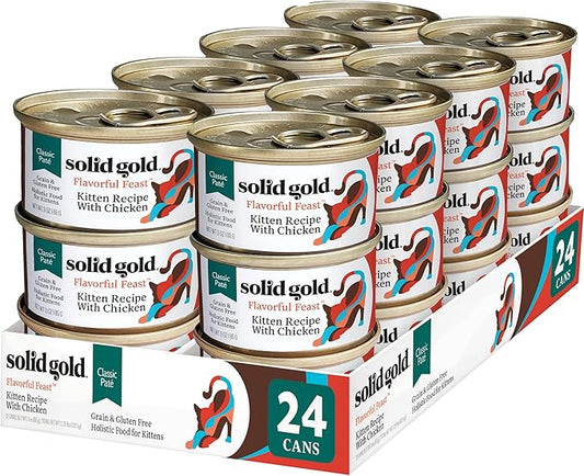 Solid Gold Wet Cat Food Pate for Kittens - Healthy Canned Cat Food Pate w/Real Chicken, Superfoods, Omega Fatty Acids, & Vitamins - Grain Free & Gluten Free Can Meals for Kittens - 24ct/3oz Can