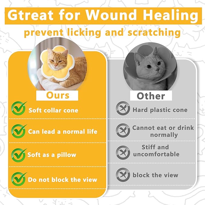 Cat Cone Collar Soft, Waterproof Cats Cones to Stop Licking After Surgery, Adjustable Soft Elizabeth Cats Collars for Wound Healing, Flower Shape Cat Recovery Collar (Yellow, Small)