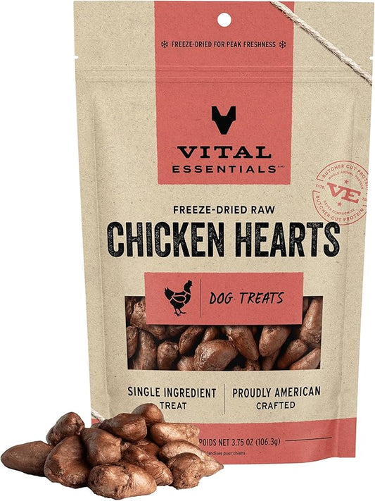 Vital Essentials Chicken Hearts Dog Treats, 3.75 oz | Freeze-Dried Raw | Single Ingredient | Premium Quality High Protein Training Treats | Grain Free, Gluten Free, Filler Free