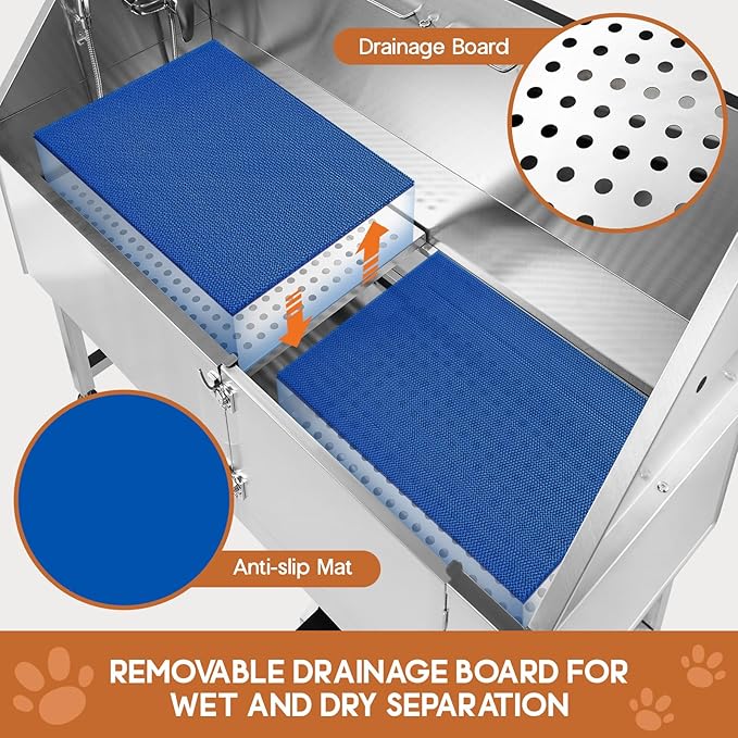 Albott 50 Inch Stainless Steel Dog Washing Station with Non-Slip Steps, Sprayer, Faucet, Soap Box – Professional Pet Bathtub for Small and Medium Pets, Use at Home, Garage, or Grooming (Right Door)