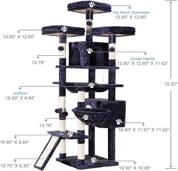 Hey-brother Cat Tree, 71 inches XL Large Cat Tower for Indoor Cats, Multi-Level Cat House with 3 Padded Perches, Big Scratcher, Cozy Basket, 2 Cat Condos and Scratching Posts, Smoky Gray MPJ034G