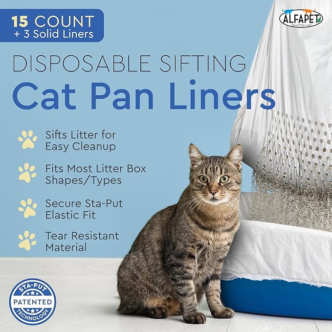 Alfapet Sifting Cat Litter Box Liners - Jumbo 15 Count, Pack of 5 - Tear-Resistant Cat Litter Bags, Waterproof Kitty Litter Liners, Fits Litterbox Pan Sizes X-Large, X-Giant, 37" x 18" 30 lb Capacity