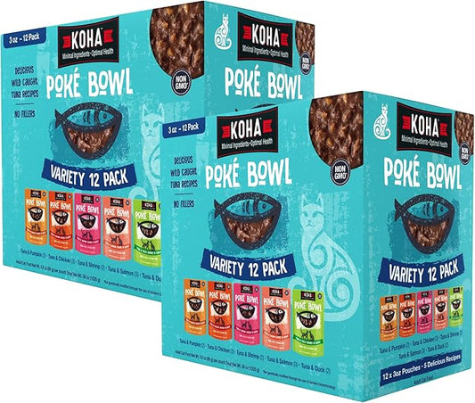 KOHA Pet Food Poké Bowl Cat Variety Pack, Wet Cat Food in Gravy - 5 Flavors - Tuna Combinations of Salmon, Chicken, Duck, Shrimp, and More - 3 oz Pouches, Pack of 24