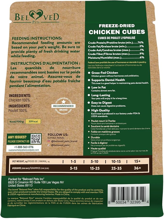Beloved Pets Dog & Cat Treats Freeze Dried Chicken Cubes 5.3 oz - All Natural Meat Raw Pet Food - Human Grade High-Protein Snacks & Grain-Free Jerky Chews for Cats and Small Dogs