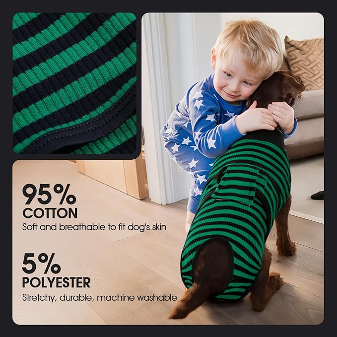 FUAMEY Recovery Suit for Dogs After Surgery,Soft Breathable Dog Bodysuit E-Collar & Cone Alternative Surgical Suit,Male Female Dog Neuter Spay Suits Anti Licking Wounds Onesie Green Black Stripes M