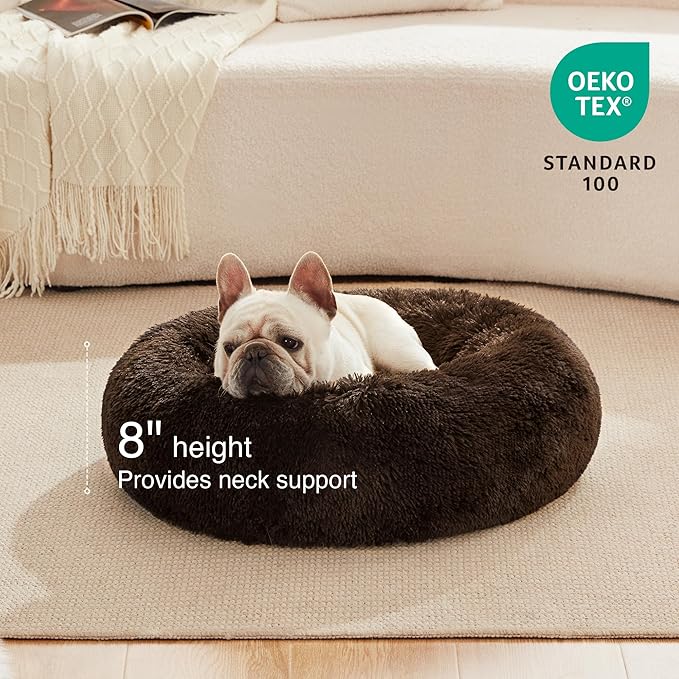Love's cabin 20in Cat Beds for Indoor Cats - Cat Bed with Machine Washable, Waterproof Bottom - Dark Brown Fluffy Dog Pet Calming Cushion Bed for Joint-Relief and Sleep Improvement