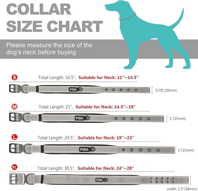 Fida Heavy Duty Dog Collar, Ultra Comfortable Soft Neoprene Padded, Adjustable Reflective Nylon Pet Collar with Durable Metal Belt Buckle for Small Breeds (S, Grey)