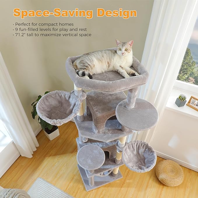 71.2" Tall Cat Tree for Indoor Cats - 9-Level Multi-Cat Tower w/5 Sisal Scratching Posts, 2 Condos, 3 Hammocks, Perch & Pom Poms - Heavy-Duty for Adult Cats, Space-Saving Plush Gray