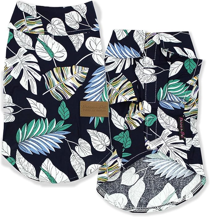Parisian Pet Palm Leaves Dog Shirt - 100%Cotton Summer Clothes - Stylish Beach Outfit - Hook and Loop Closure - Machine Washable - Small Dogs