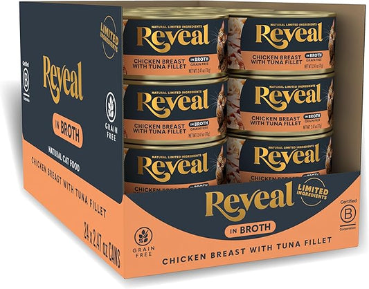 Reveal Natural Wet Canned Cat Food, Limited Ingredient, Grain Free, Protein with No Artificial Additives, Chicken Breast with Tuna in Broth (24 x 2.47 oz Cans)